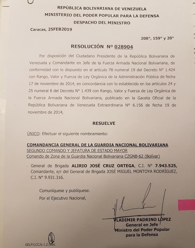 On February 25, 2019, General-in-Chief Padrino Vladimir dismissed Montoya in an attempt to cover up the massacre.